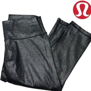 LULULEMON Wunder Under Crop HR Luminosity Foil Print Black Silver 21" Size 10